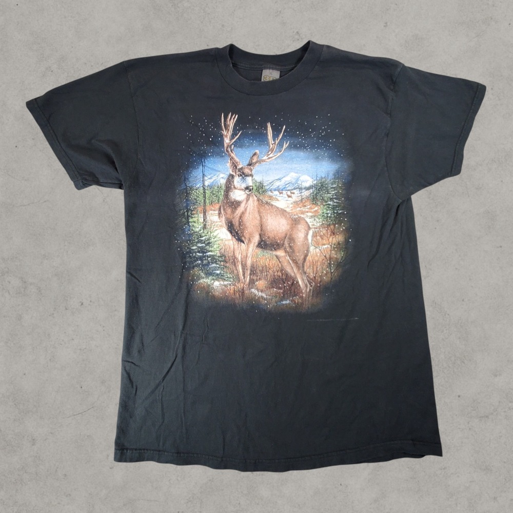 3D Emblem T-Shirt Mens XL Black Vintage 1988 Mule Deer Buck Wildlife Graphic